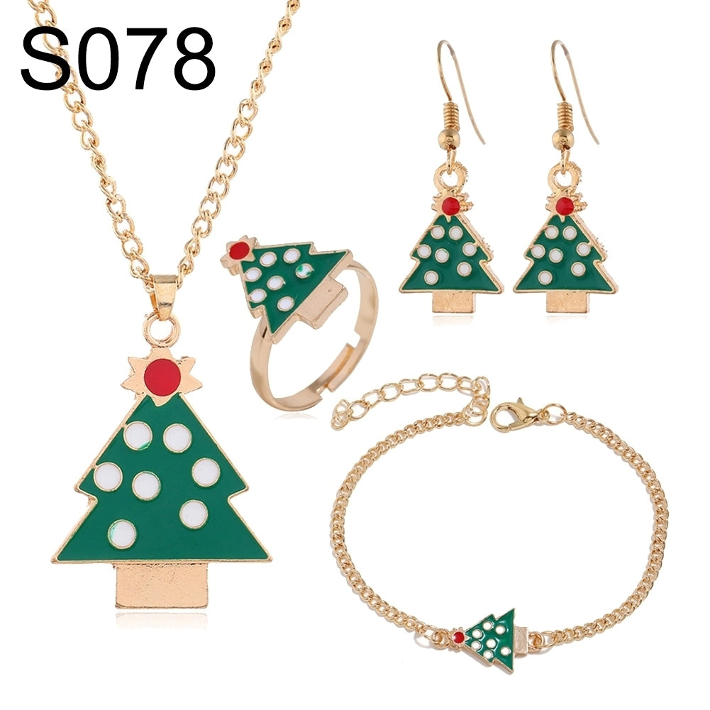 Christmas Tree Santa Elk Bell Earrings Bracelet Ring Necklace Women Jewelry Set Image 3