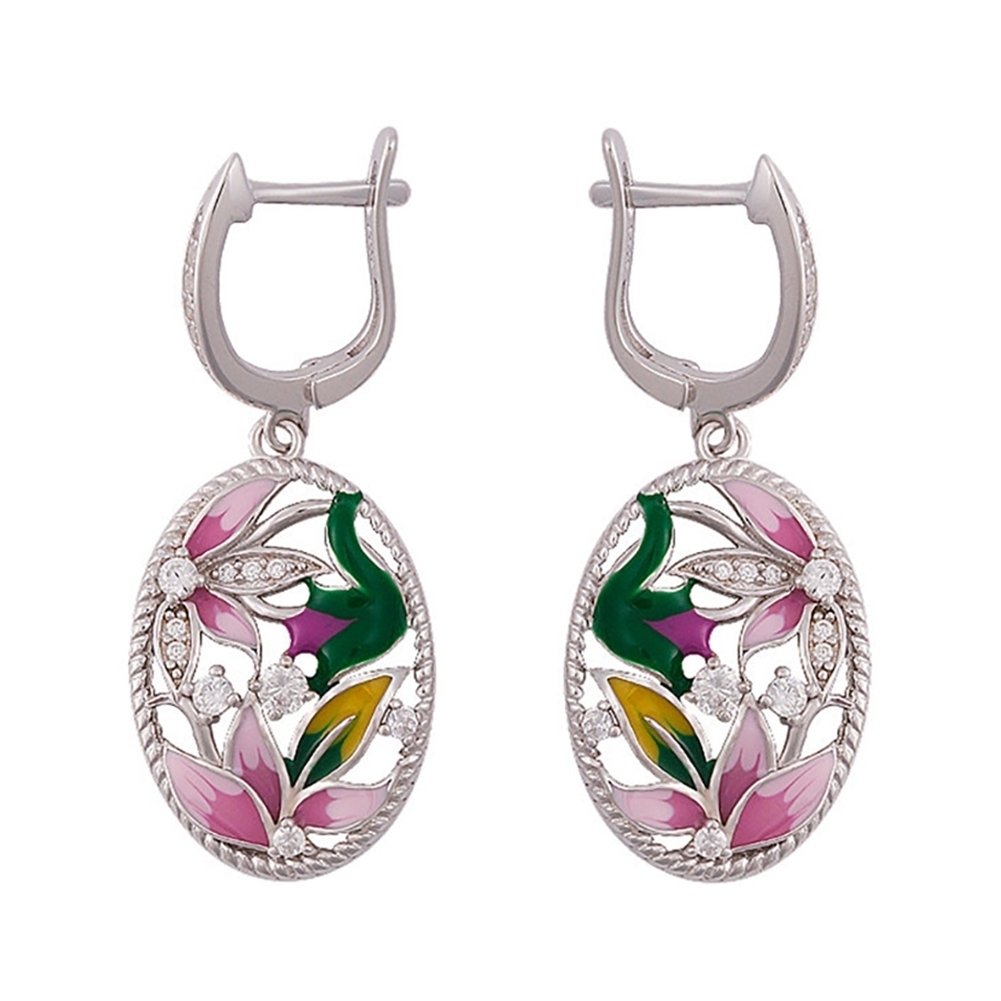 Lady Enamel Flower Rhinestone Oval Dangle Earrings Necklace Ring Jewelry Gift Image 1