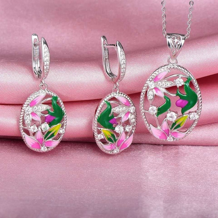 Lady Enamel Flower Rhinestone Oval Dangle Earrings Necklace Ring Jewelry Gift Image 4