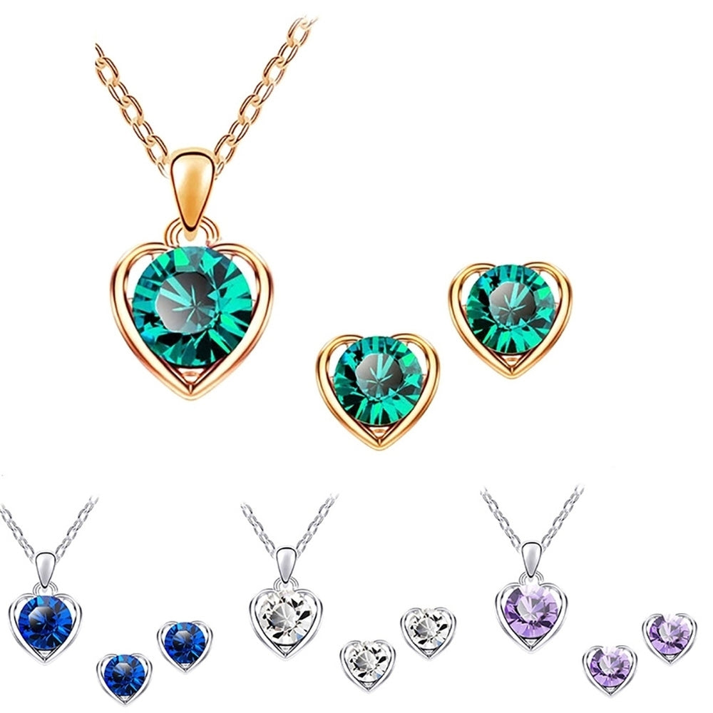 Women Rhinestone Heart Pendant Necklace Chain Stud Earrings Party Jewelry Set Image 2