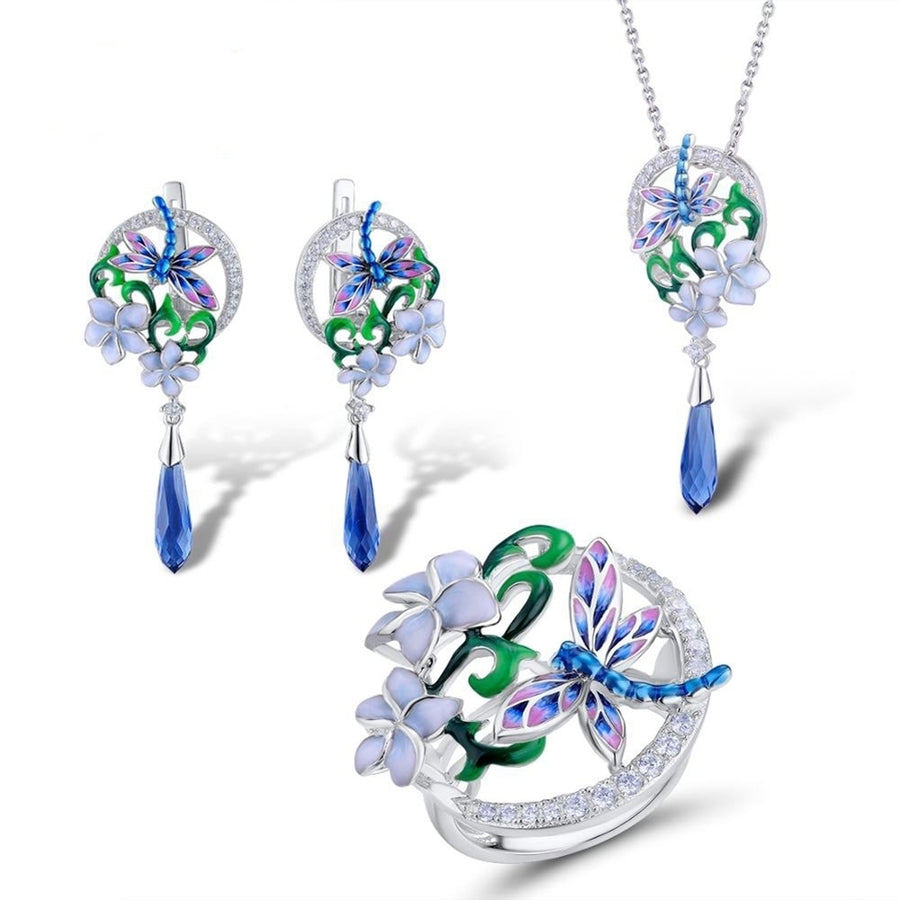 Women Enamel Flower Dragonfly Rhinestone Pendant Necklace Earrings Ring Jewelry Image 1