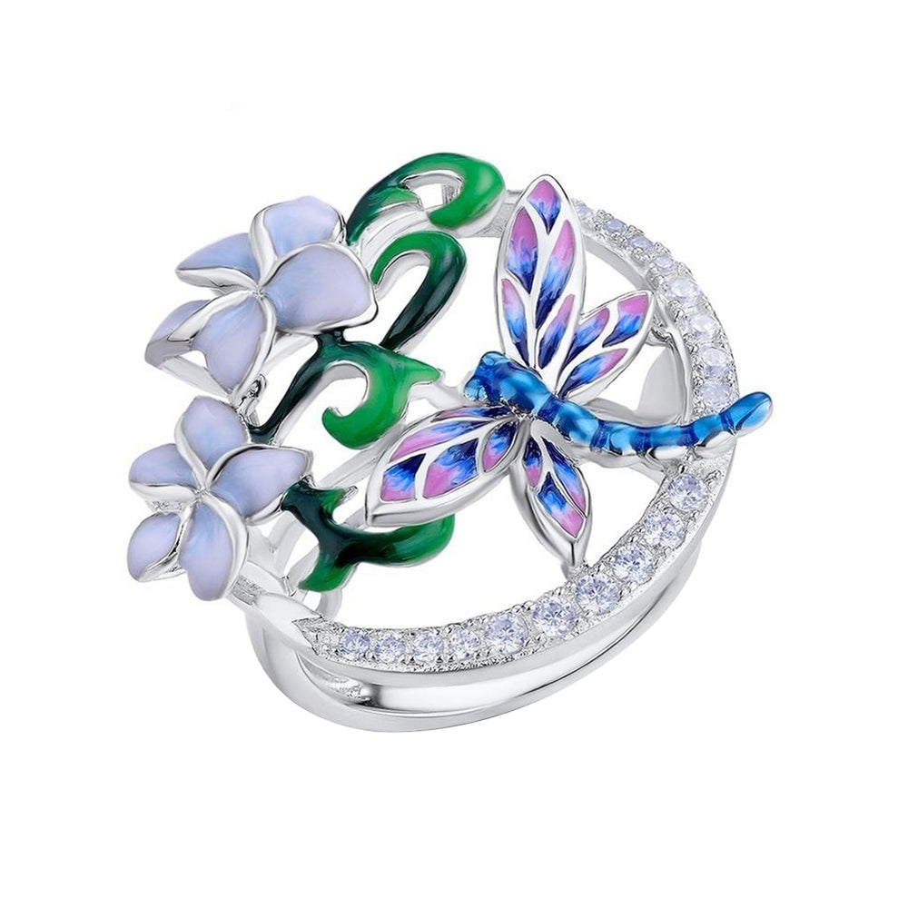 Women Enamel Flower Dragonfly Rhinestone Pendant Necklace Earrings Ring Jewelry Image 2