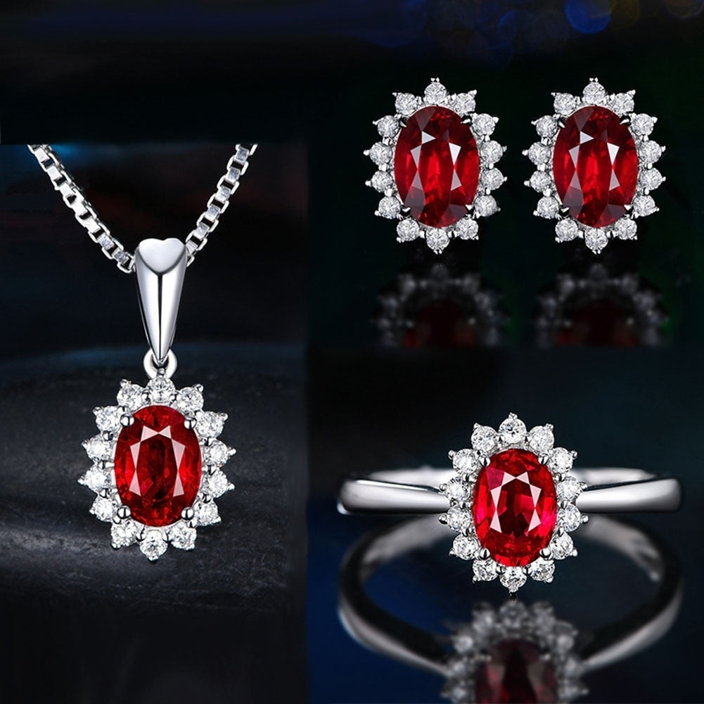 Women Rhinestone Inlaid Oval Pendant Necklace Earrings Open Ring Jewelry Set Image 8