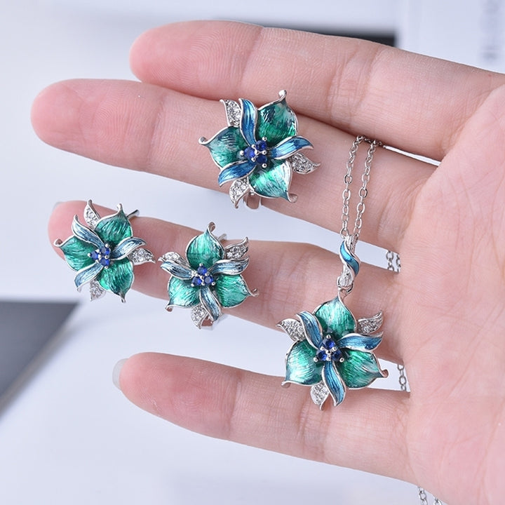 Women Rhinestone Inlaid Enamel Flower Pendant Necklace Earrings Ring Jewelry Image 9