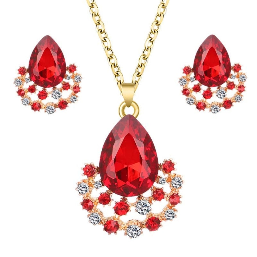 Luxury Women Faux Gem Water Drop Pendant Necklace Earrings Party Jewelry Set Image 1