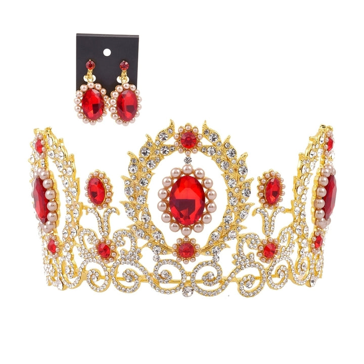 Baroque Women Rhinestone Faux Pearl Crown Tiara Earrings Wedding Jewelry Set Image 4