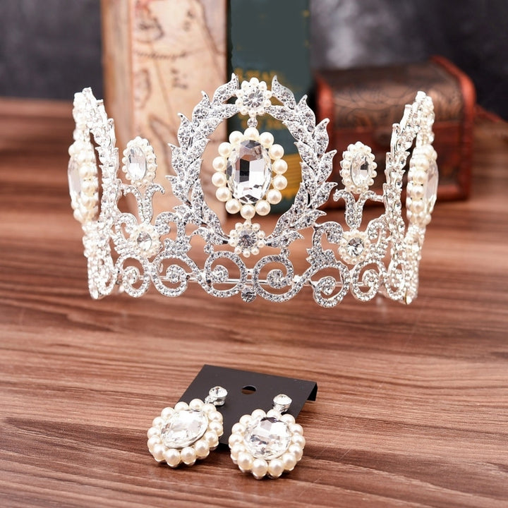 Baroque Women Rhinestone Faux Pearl Crown Tiara Earrings Wedding Jewelry Set Image 7
