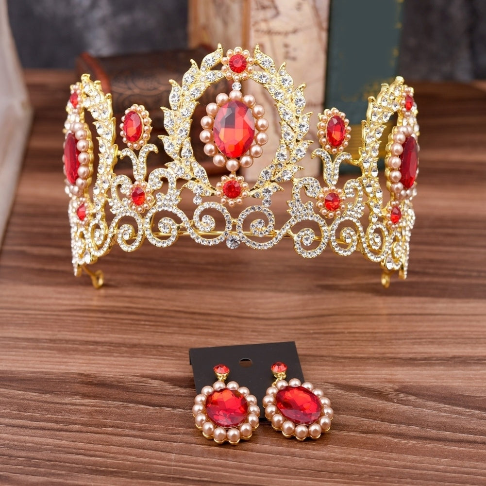 Baroque Women Rhinestone Faux Pearl Crown Tiara Earrings Wedding Jewelry Set Image 8