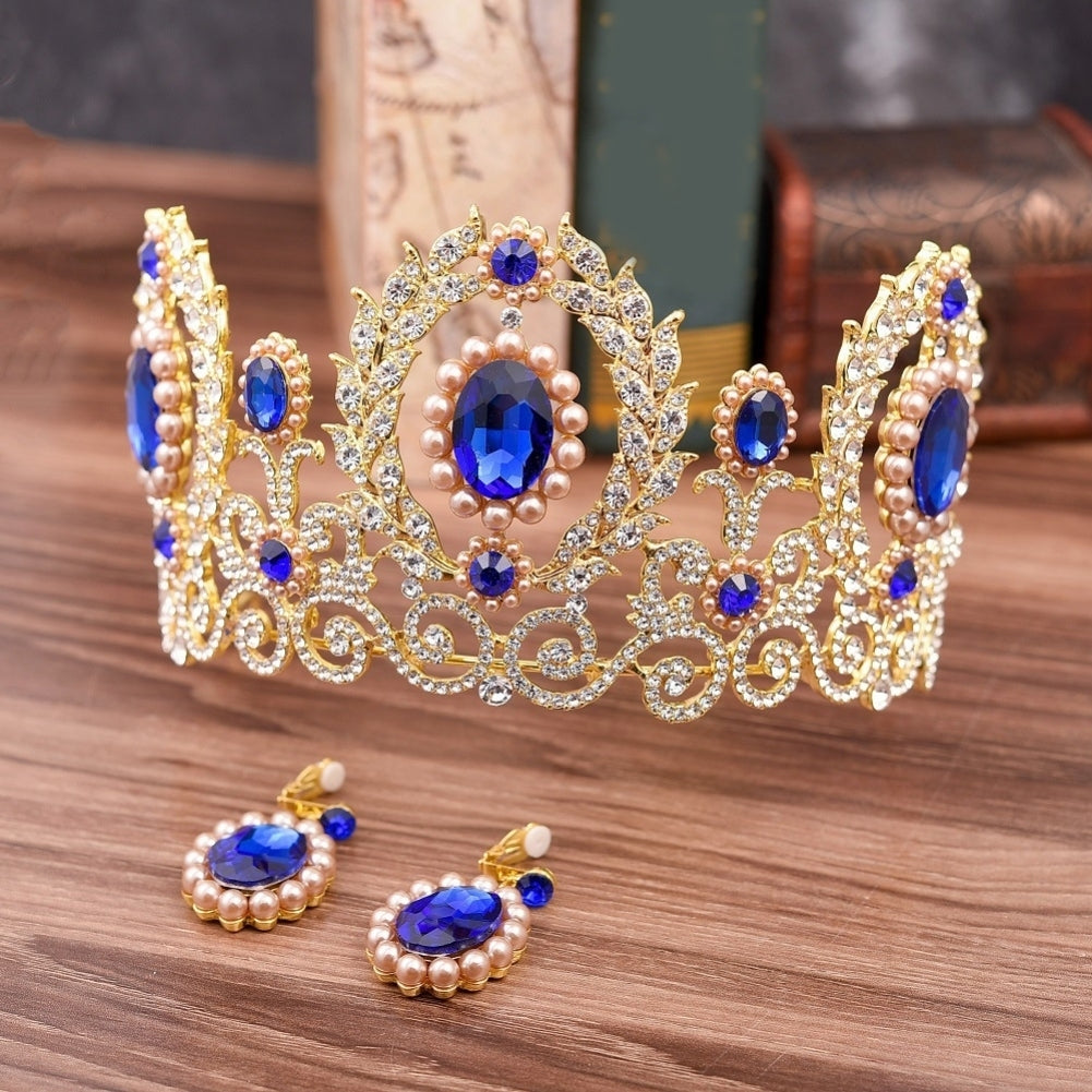 Baroque Women Rhinestone Faux Pearl Crown Tiara Earrings Wedding Jewelry Set Image 9