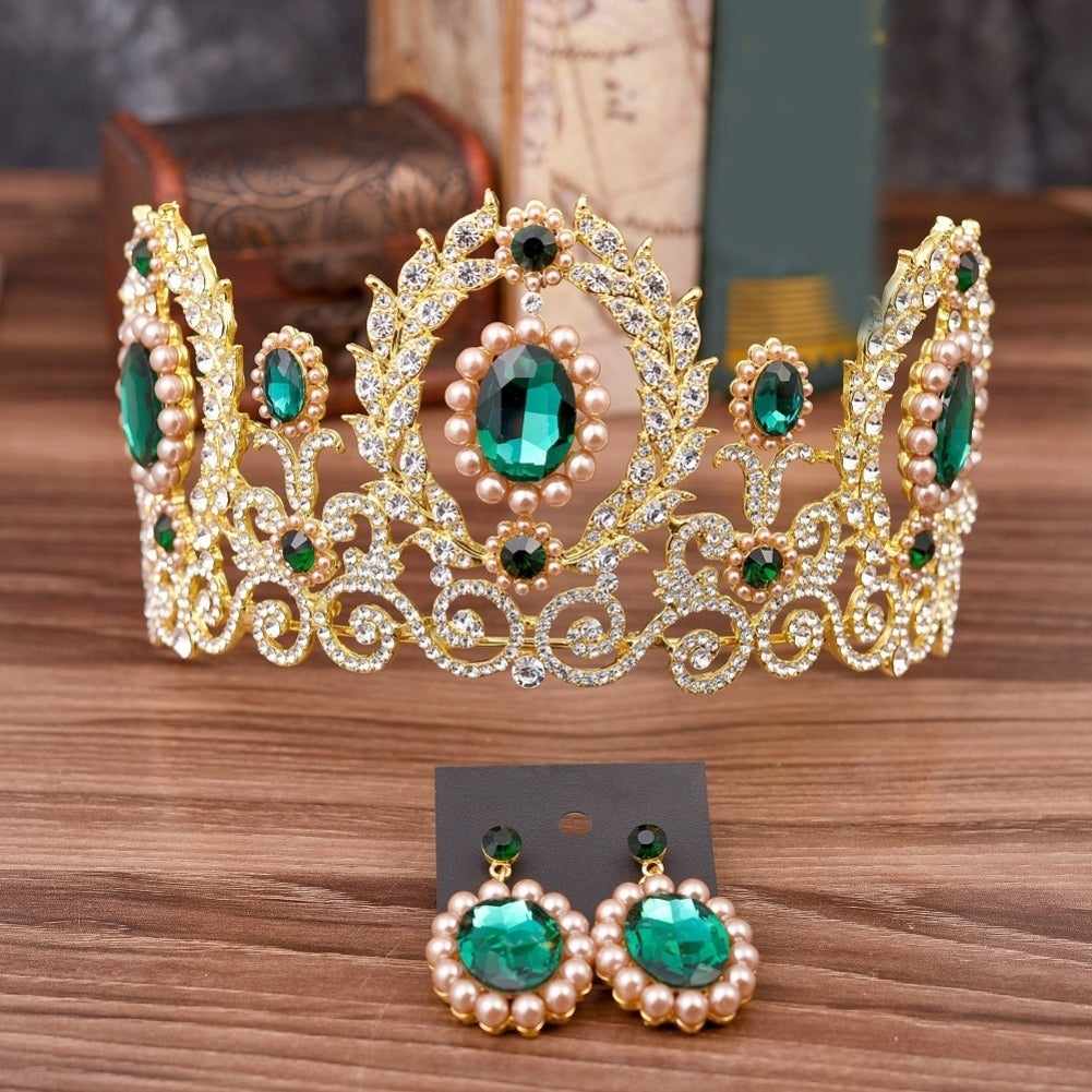 Baroque Women Rhinestone Faux Pearl Crown Tiara Earrings Wedding Jewelry Set Image 10