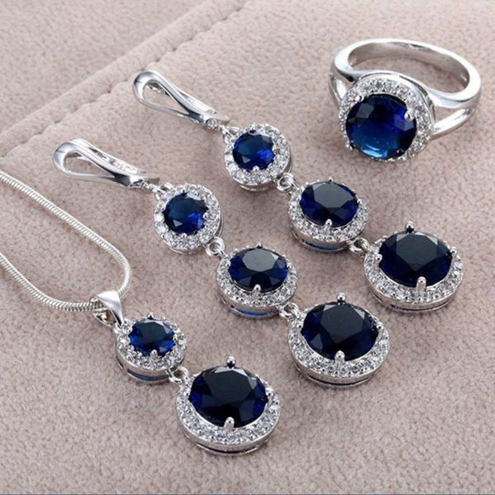 Elegant Women Round Rhinestone Pendant Chain Necklace Earrings Ring Jewelry Set Image 2