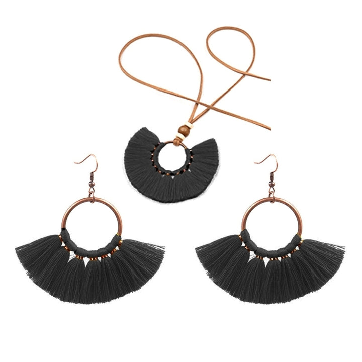 Bohemian Women Round Pendant Fringe Tassel Rope Necklace Earrings Jewelry Set Image 3