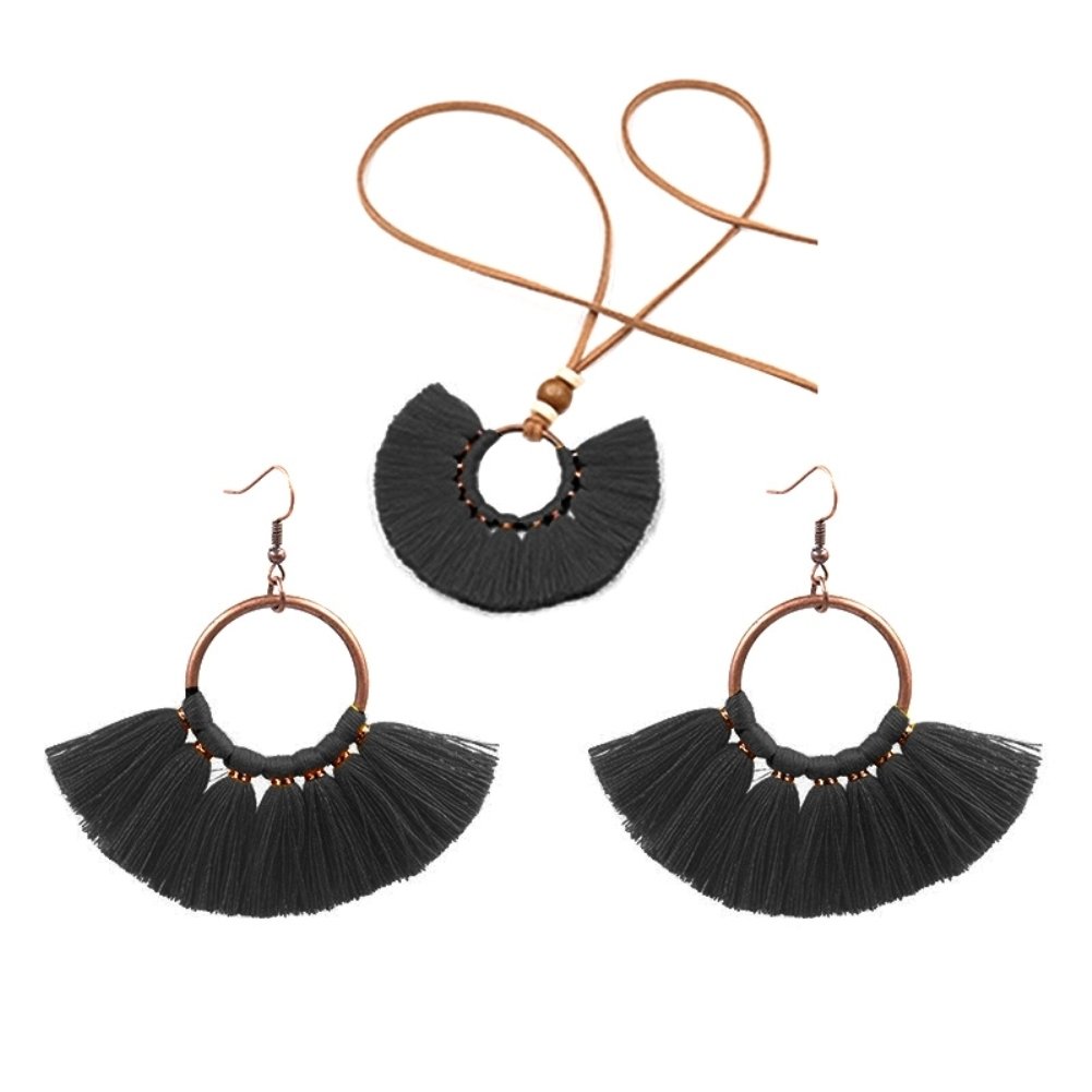 Bohemian Women Round Pendant Fringe Tassel Rope Necklace Earrings Jewelry Set Image 1