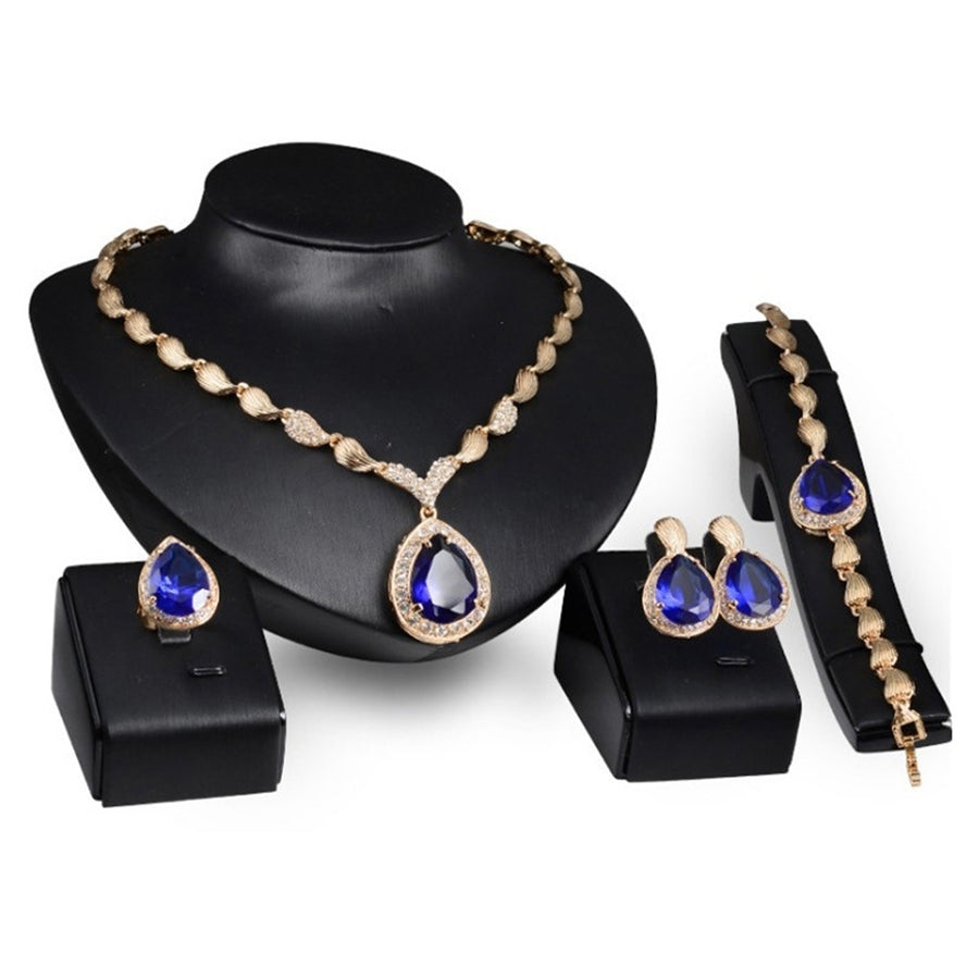 Water Drop Rhinestone Pendant Necklace Bracelet Earrings Ring Bridal Jewelry Set Image 1