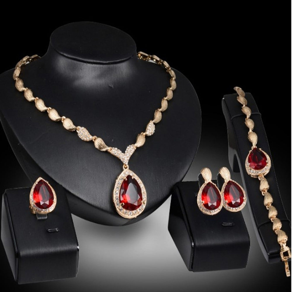 Water Drop Rhinestone Pendant Necklace Bracelet Earrings Ring Bridal Jewelry Set Image 2