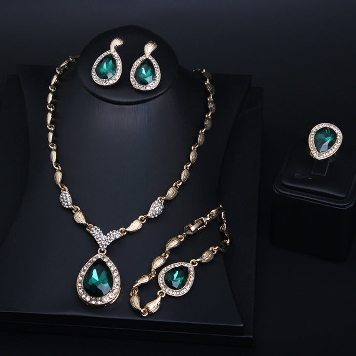 Water Drop Rhinestone Pendant Necklace Bracelet Earrings Ring Bridal Jewelry Set Image 3