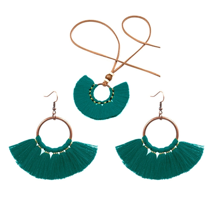 Bohemian Women Round Pendant Fringe Tassel Rope Necklace Earrings Jewelry Set Image 10