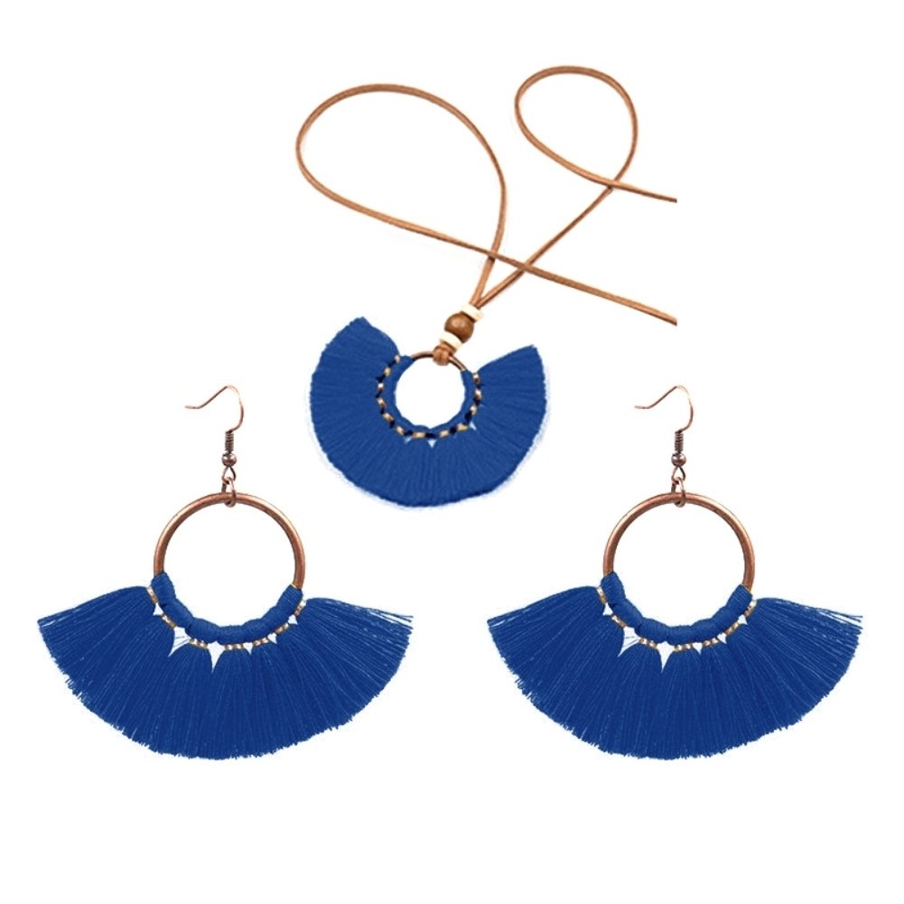 Bohemian Women Round Pendant Fringe Tassel Rope Necklace Earrings Jewelry Set Image 11
