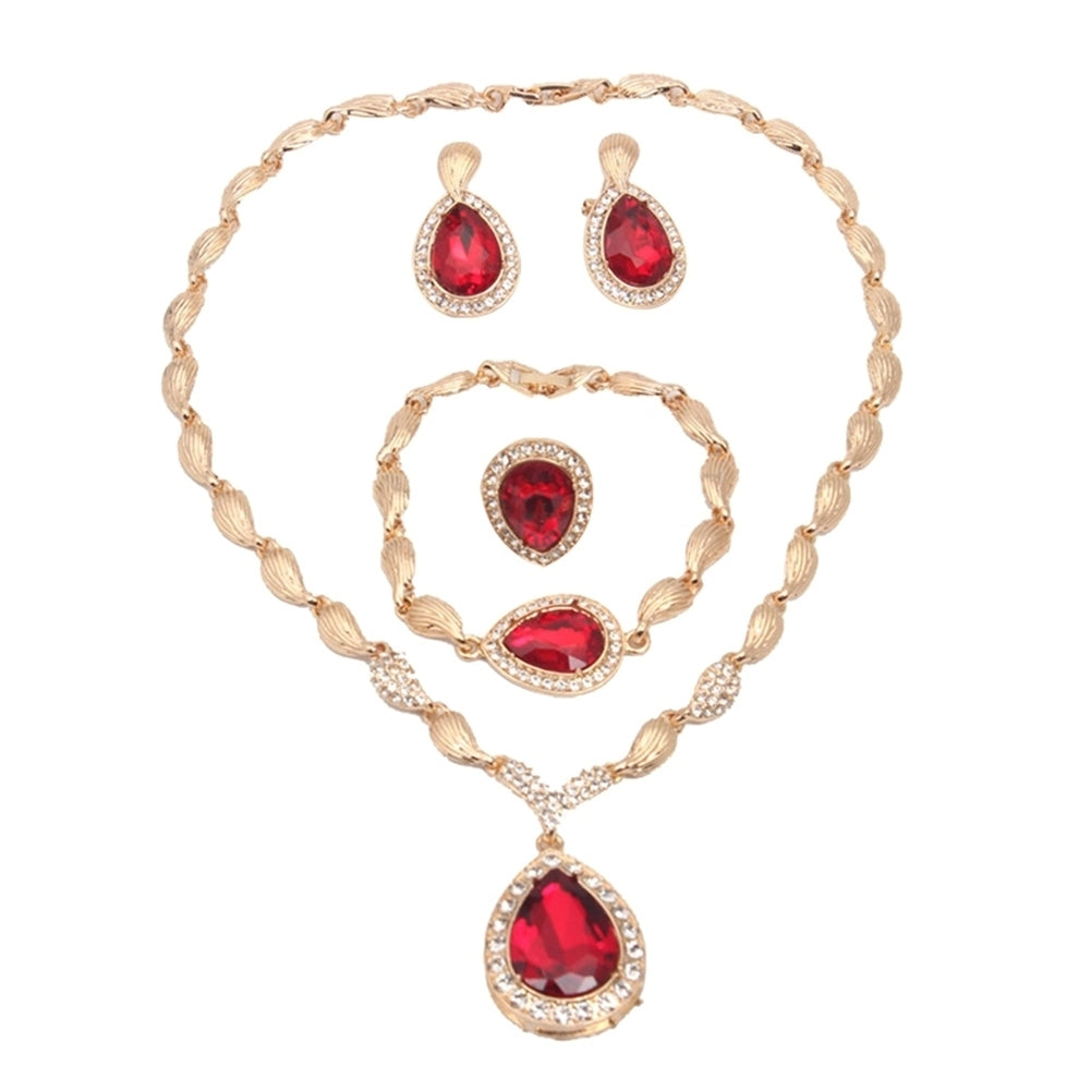 Water Drop Rhinestone Pendant Necklace Bracelet Earrings Ring Bridal Jewelry Set Image 4