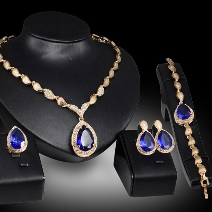 Water Drop Rhinestone Pendant Necklace Bracelet Earrings Ring Bridal Jewelry Set Image 4