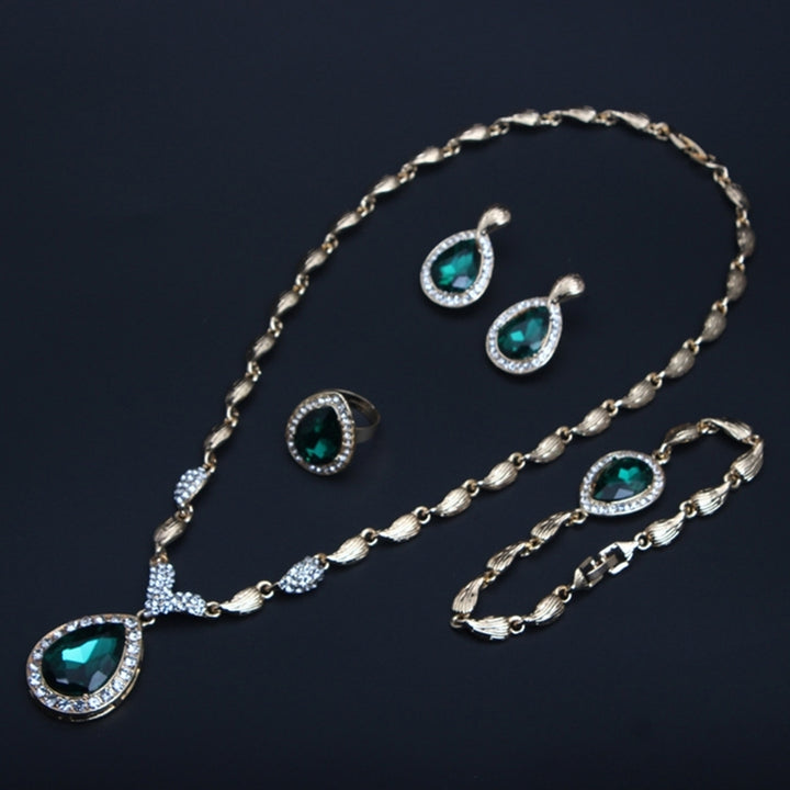 Water Drop Rhinestone Pendant Necklace Bracelet Earrings Ring Bridal Jewelry Set Image 7
