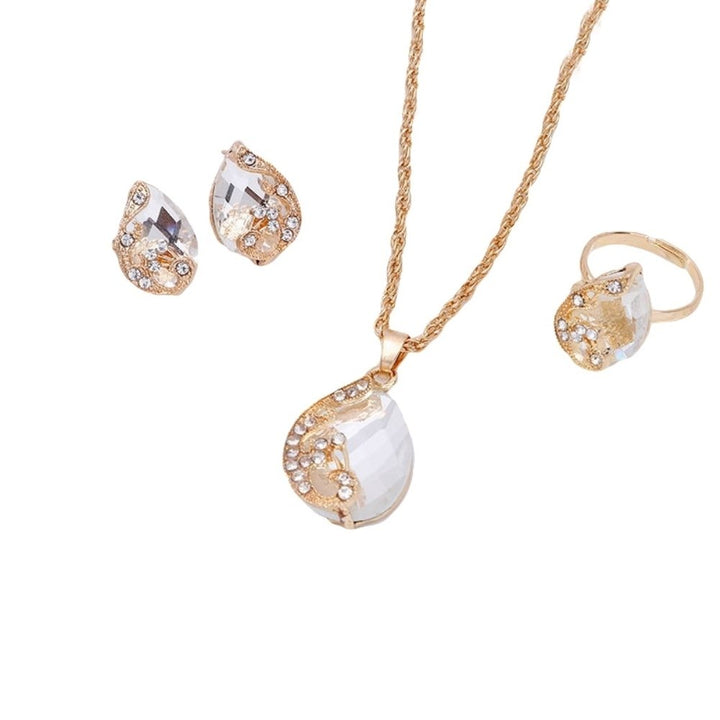Women Rhinestone Peacock Water Drop Pendant Necklace Earrings Ring Jewelry Set Image 1