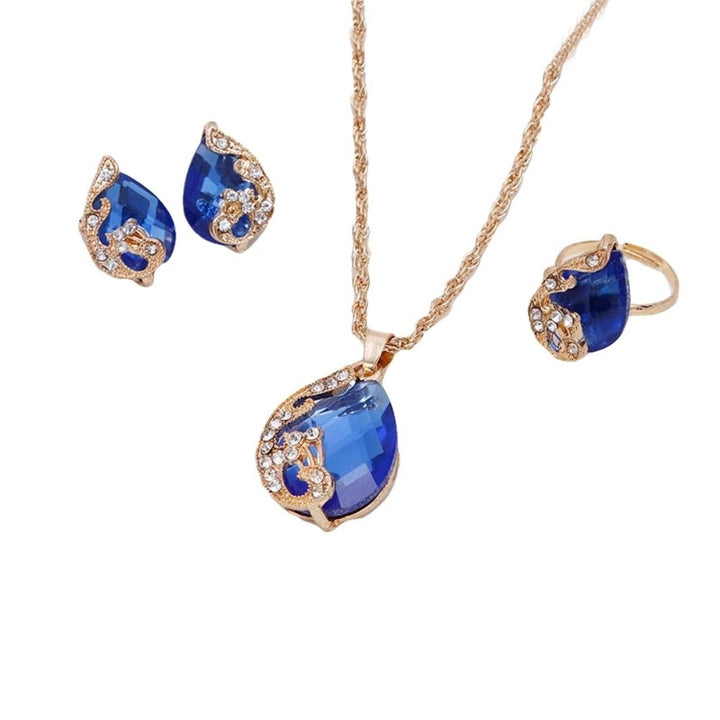 Women Rhinestone Peacock Water Drop Pendant Necklace Earrings Ring Jewelry Set Image 1