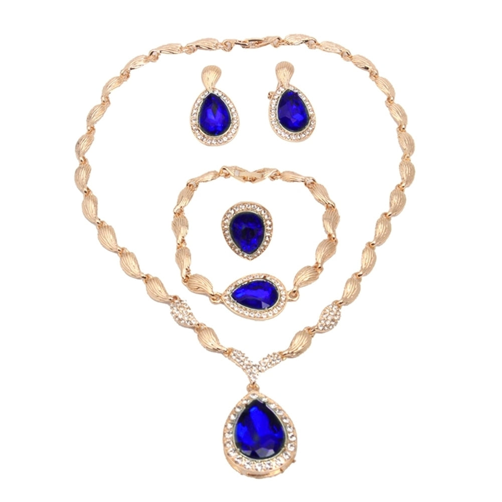 Water Drop Rhinestone Pendant Necklace Bracelet Earrings Ring Bridal Jewelry Set Image 11