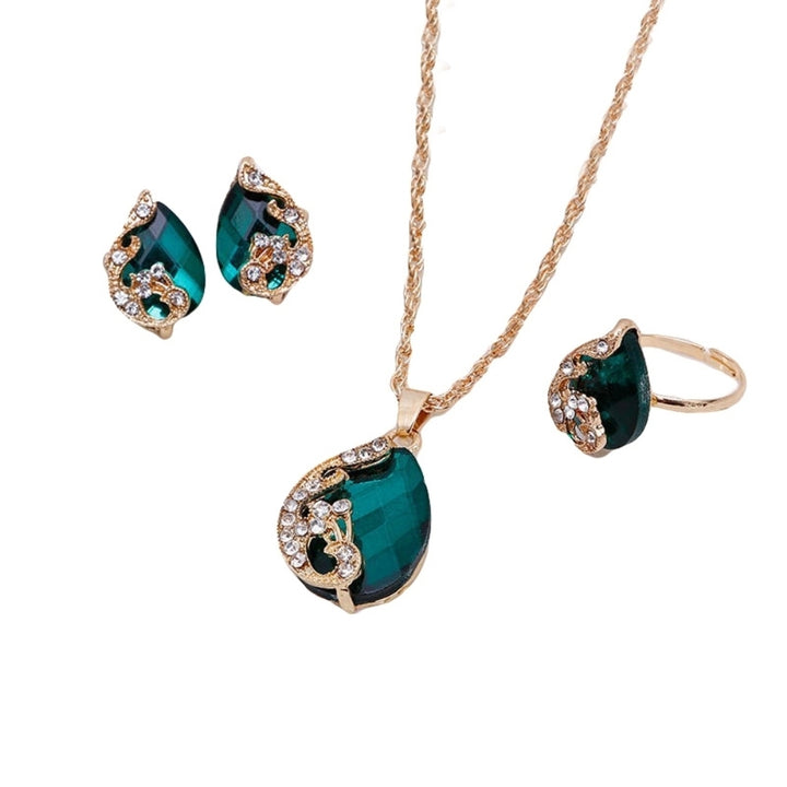 Women Rhinestone Peacock Water Drop Pendant Necklace Earrings Ring Jewelry Set Image 6