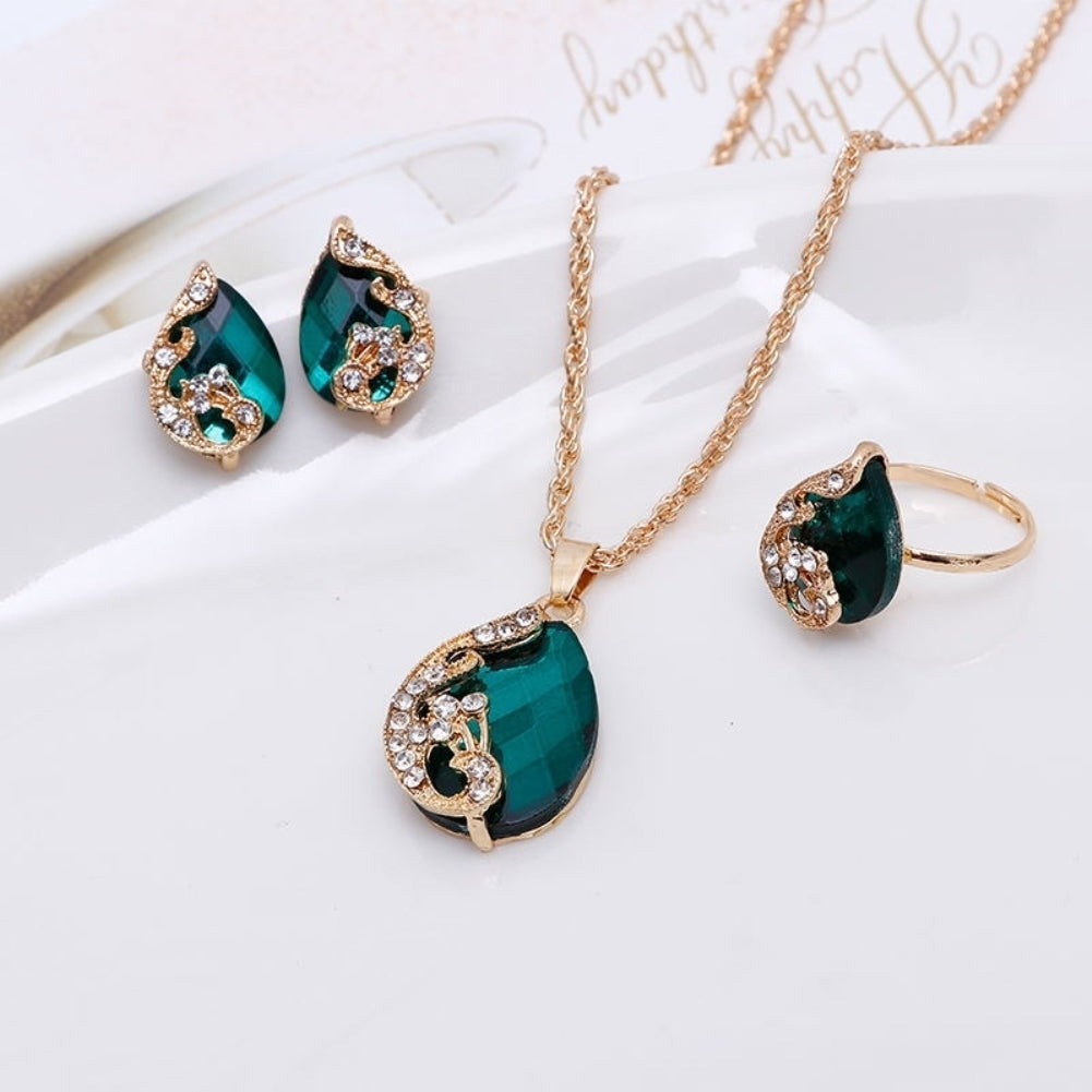 Women Rhinestone Peacock Water Drop Pendant Necklace Earrings Ring Jewelry Set Image 8