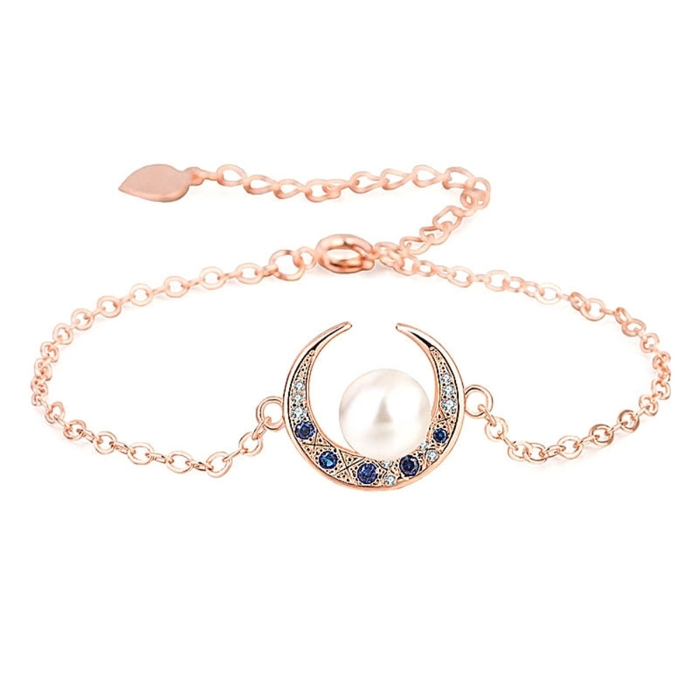 Women Rhinestone Faux Pearl Moon Pendant Necklace Bracelet Ring Earrings Jewelry Image 4