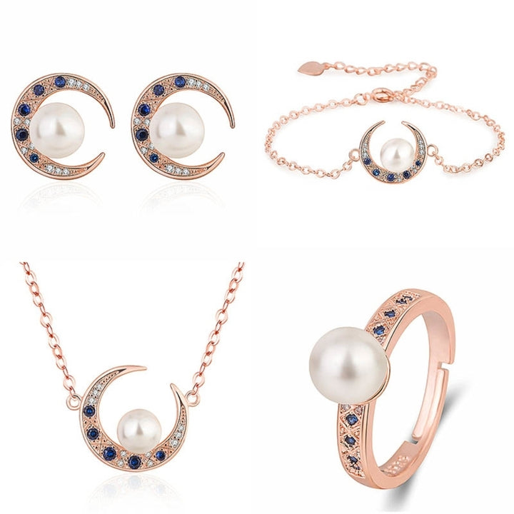 Women Rhinestone Faux Pearl Moon Pendant Necklace Bracelet Ring Earrings Jewelry Image 8