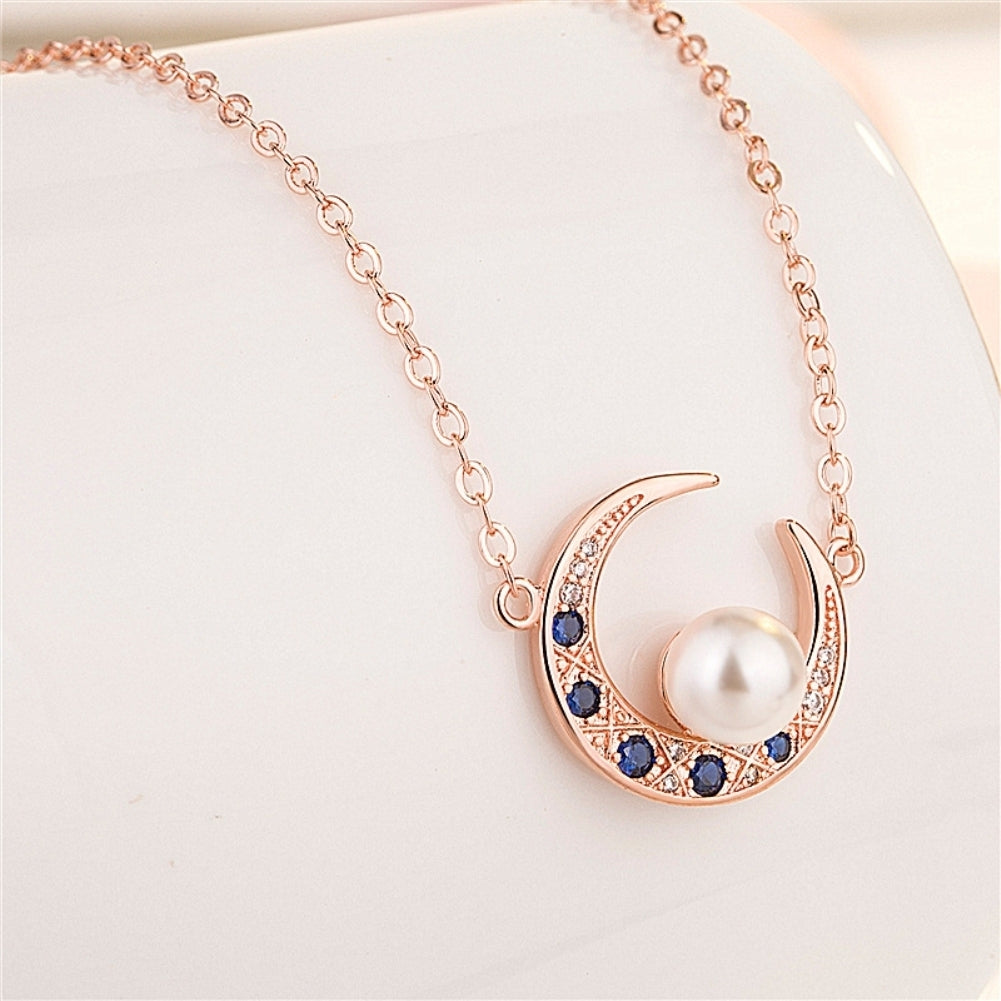 Women Rhinestone Faux Pearl Moon Pendant Necklace Bracelet Ring Earrings Jewelry Image 10