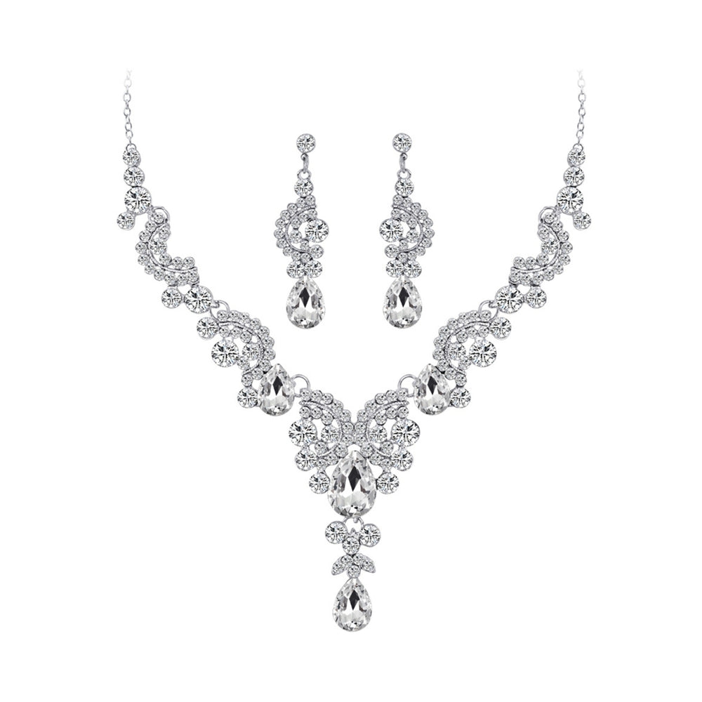 Fashion Wedding Faux Crystal Rhinestone Decor Necklace Earrings Jewelry Set Image 2