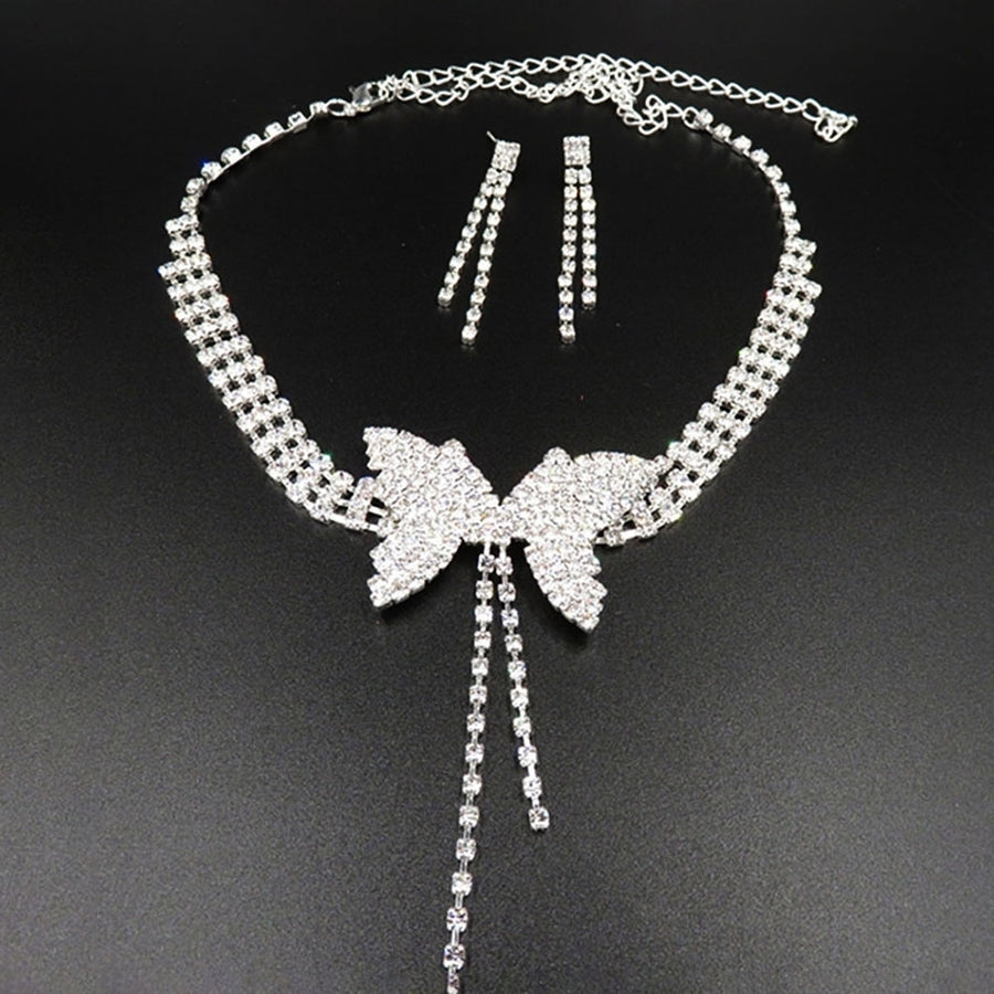 Women Full Rhinestone Butterfly Long Pendant Stud Earrings Necklace Jewelry Set Image 1