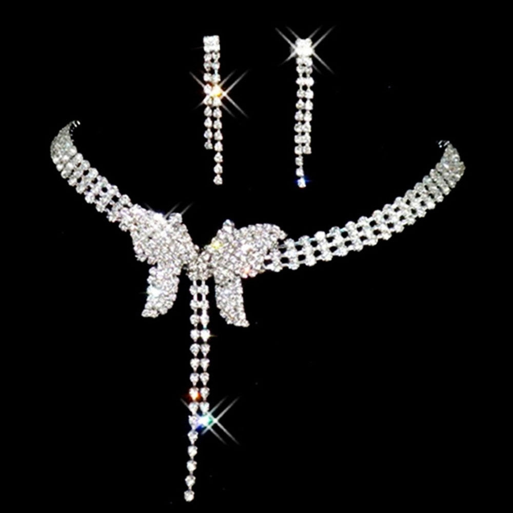 Women Full Rhinestone Butterfly Long Pendant Stud Earrings Necklace Jewelry Set Image 2