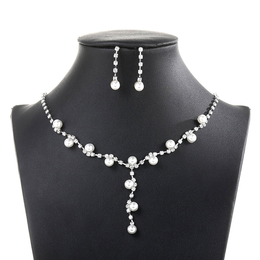 Fashion Women Rhinestone Faux Pearl Pendant Necklace Stud Earrings Jewelry Set Image 1