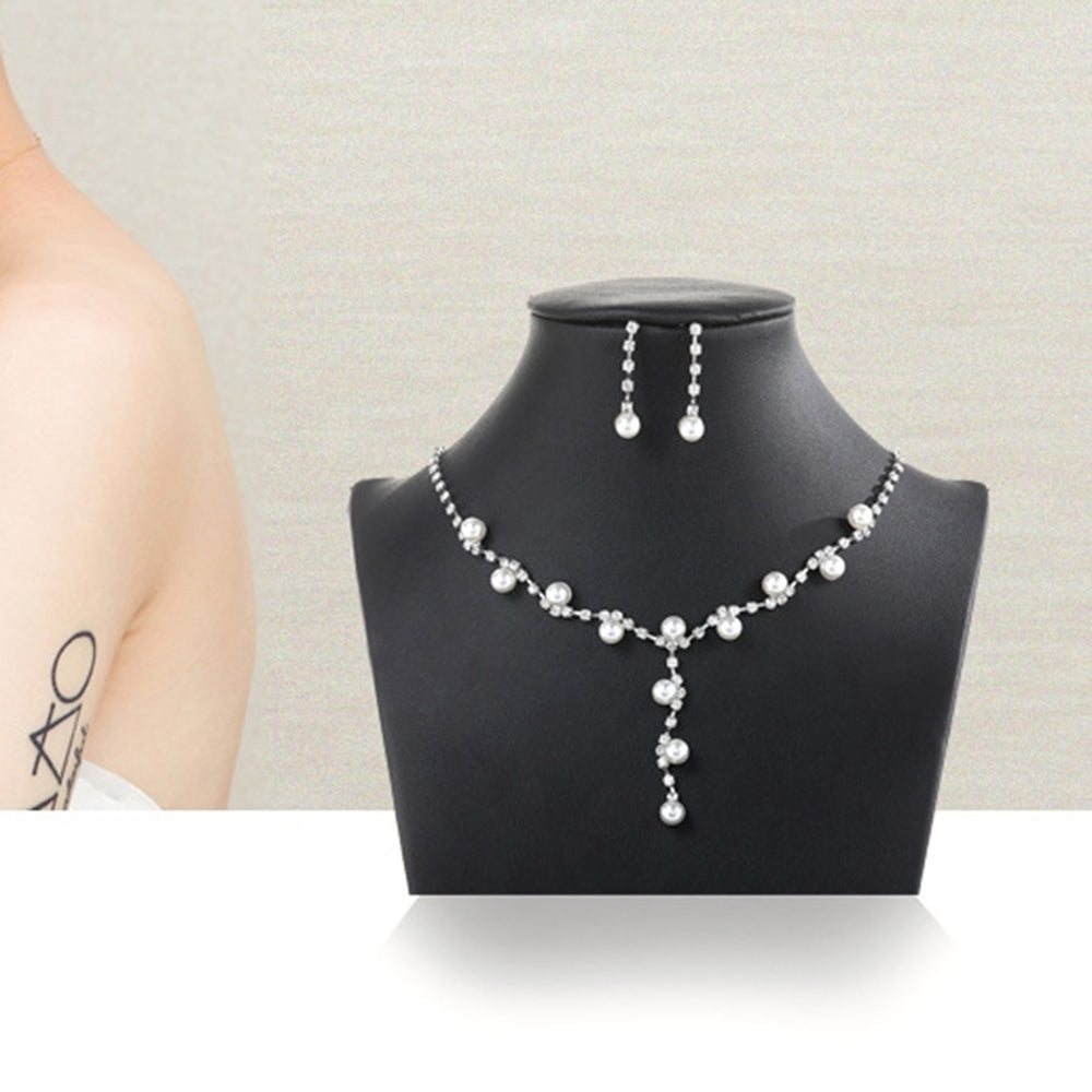 Fashion Women Rhinestone Faux Pearl Pendant Necklace Stud Earrings Jewelry Set Image 2