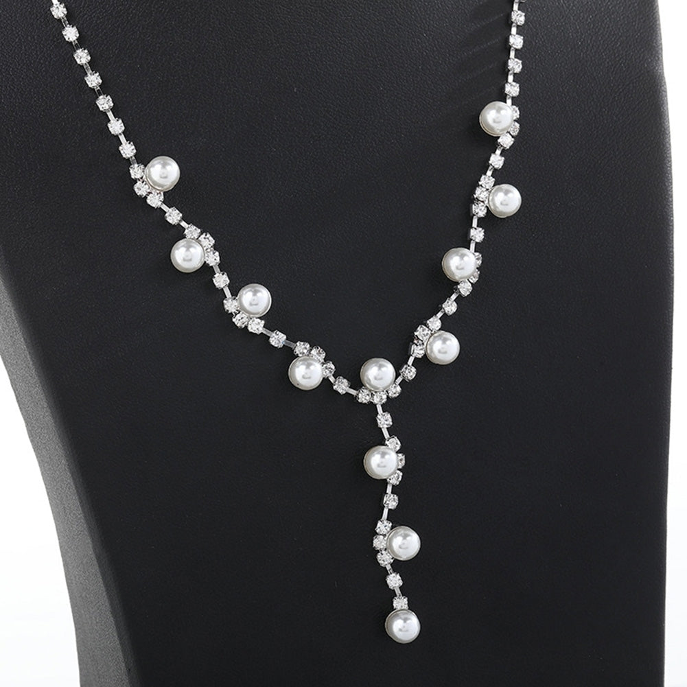 Fashion Women Rhinestone Faux Pearl Pendant Necklace Stud Earrings Jewelry Set Image 3
