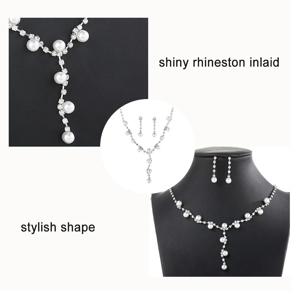Fashion Women Rhinestone Faux Pearl Pendant Necklace Stud Earrings Jewelry Set Image 6