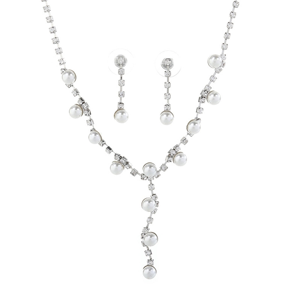 Fashion Women Rhinestone Faux Pearl Pendant Necklace Stud Earrings Jewelry Set Image 7