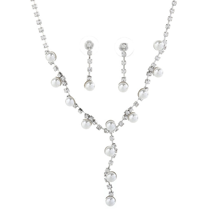 Fashion Women Rhinestone Faux Pearl Pendant Necklace Stud Earrings Jewelry Set Image 7