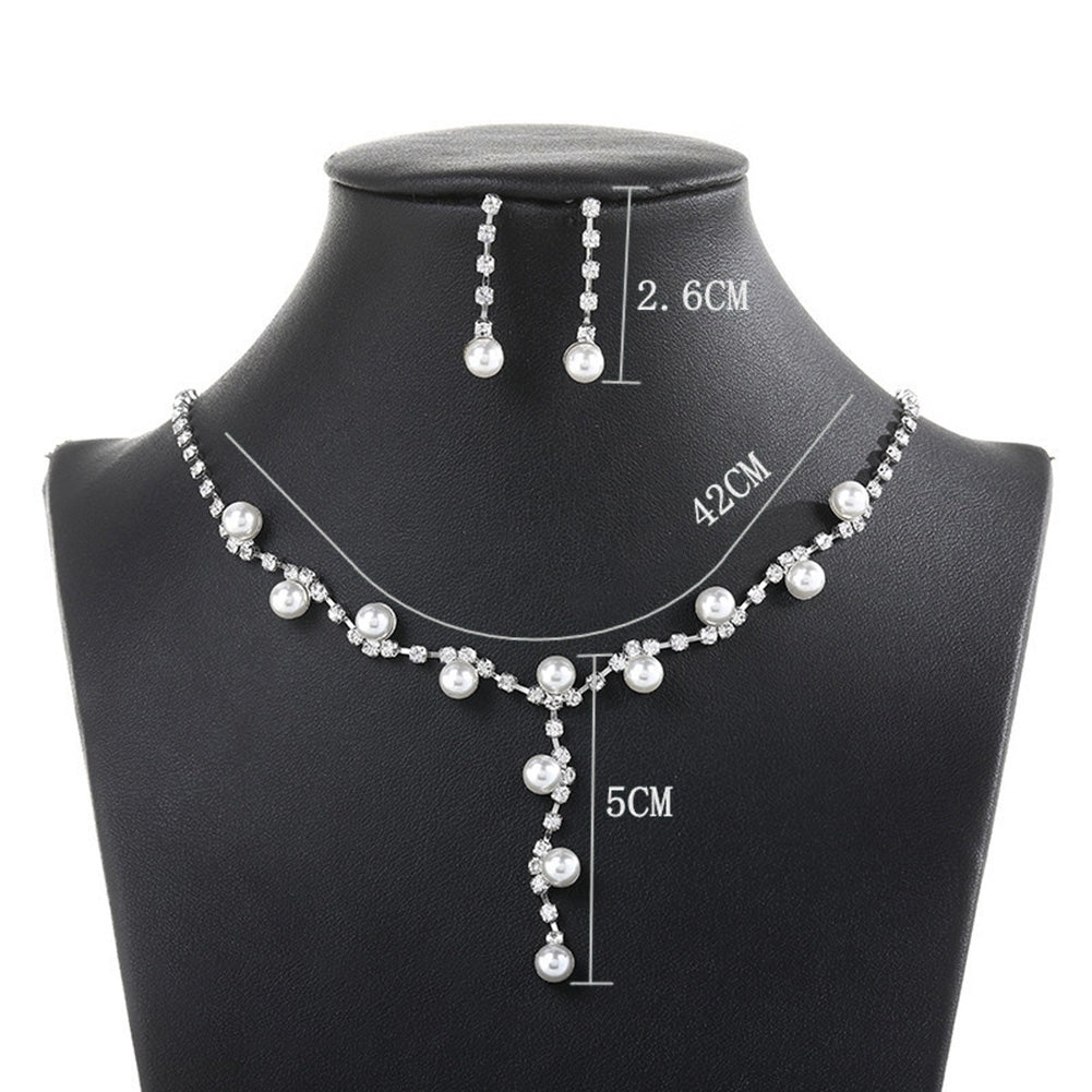 Fashion Women Rhinestone Faux Pearl Pendant Necklace Stud Earrings Jewelry Set Image 8