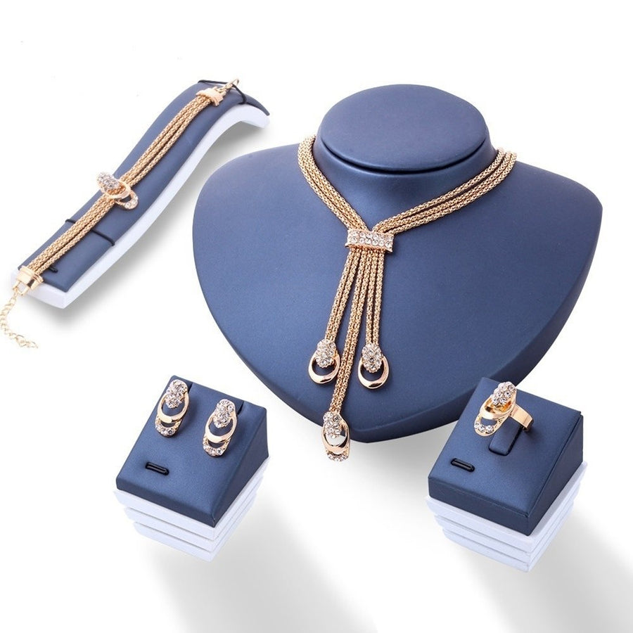 Women Fashion Rhinestone Inlaid Necklace Bracelet Ring Ear Studs Jewelry Set Image 1