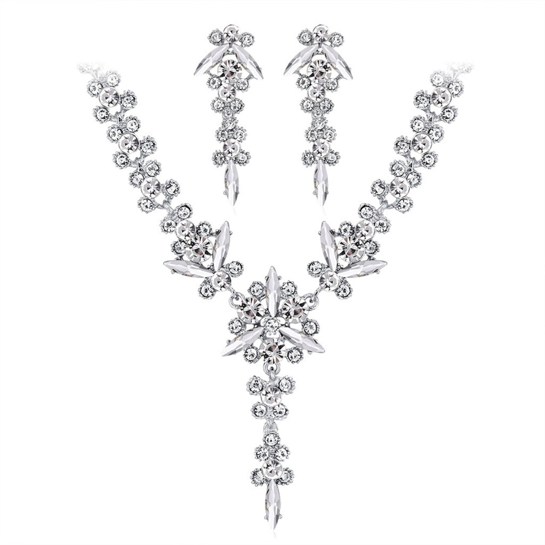 1 Set Bridal Necklace Earrings Flower Rhinestone Jewelry Adjustable Electroplating Jewelry Set for Wedding Image 3