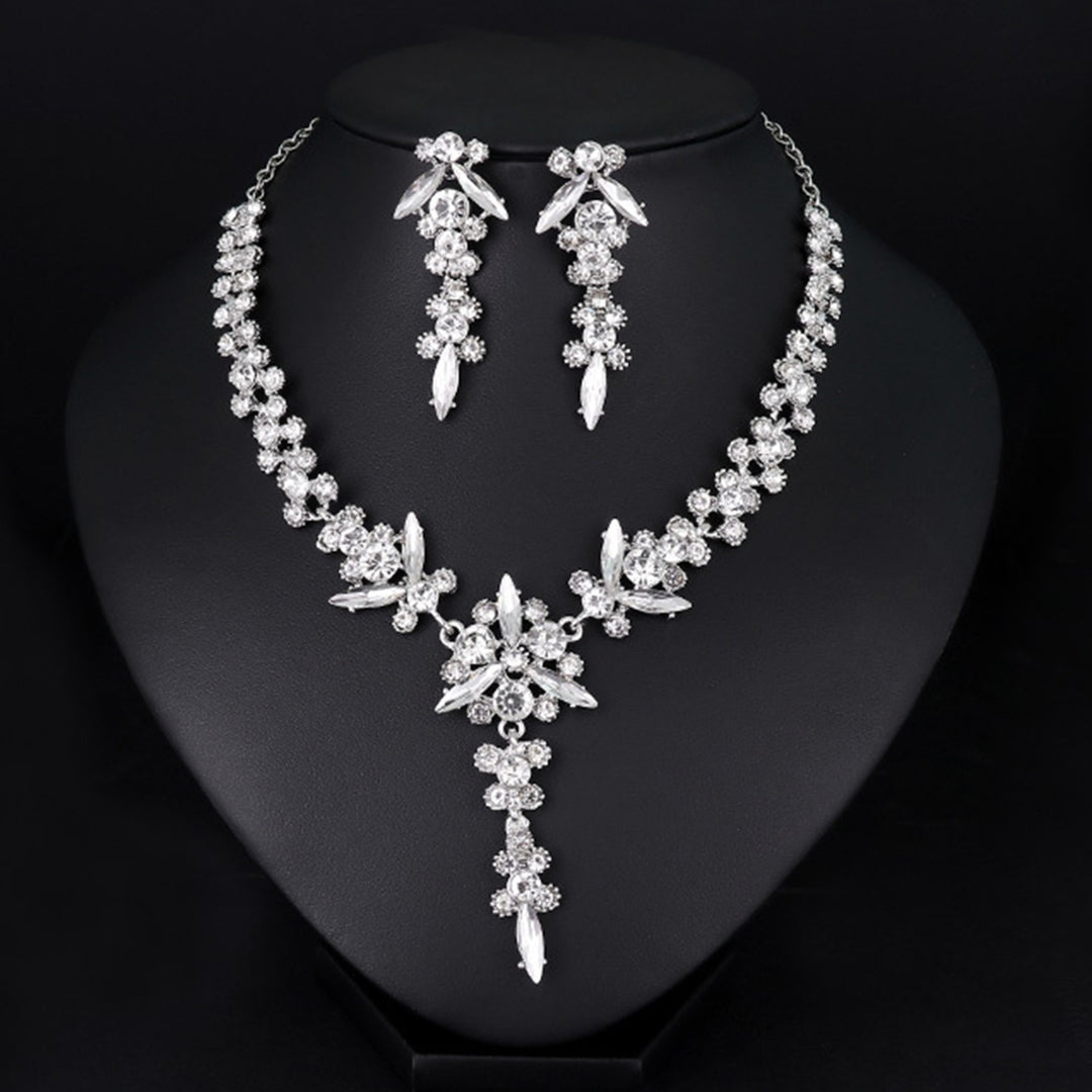 1 Set Bridal Necklace Earrings Flower Rhinestone Jewelry Adjustable Electroplating Jewelry Set for Wedding Image 4