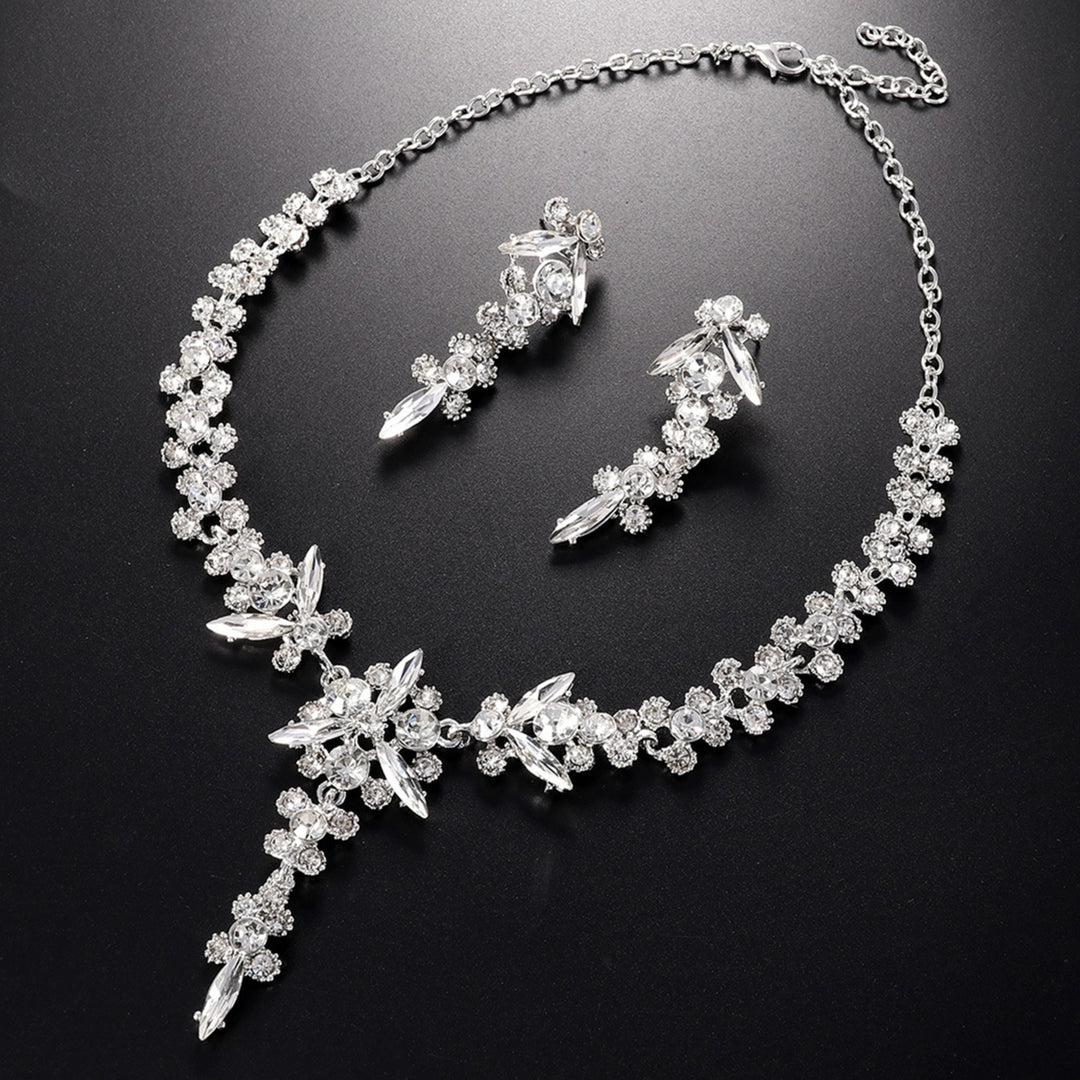 1 Set Bridal Necklace Earrings Flower Rhinestone Jewelry Adjustable Electroplating Jewelry Set for Wedding Image 6