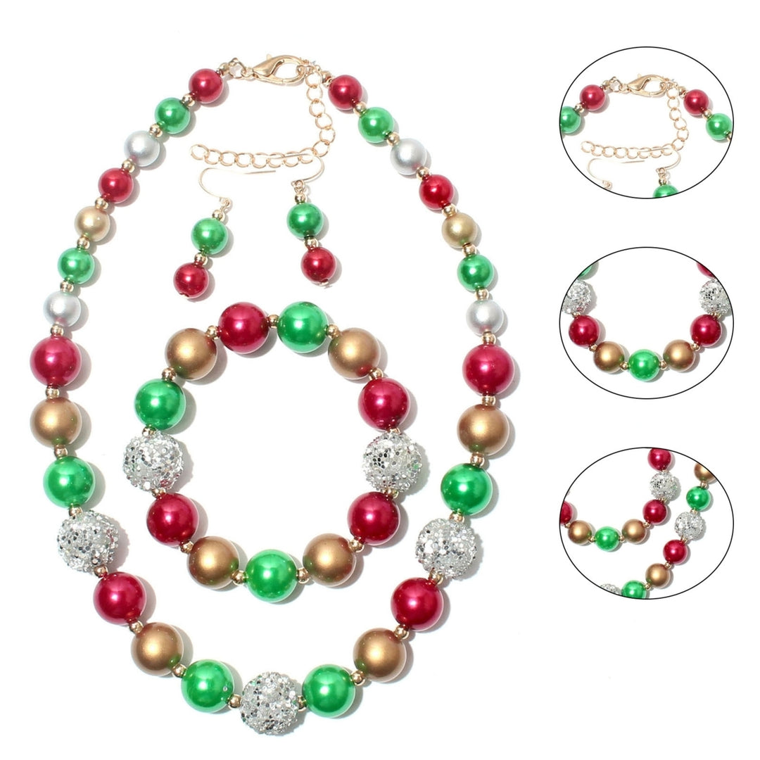 Christmas Simulated Pearl Necklace Eye-catching Heavy Duty Festive Holiday Necklace Chain Bracelet Combo for Girl Image 4