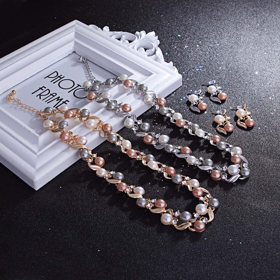 2Pcs Adjustable Extension Chain Necklace Earrings Set Ear Studs Faux Pearl Bridal Earrings Necklace Set Jewelry Image 1