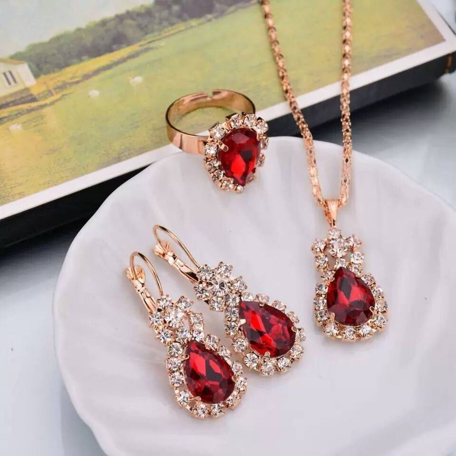 3Pcs Ear Clip Bright Color Alloy Necklace Earrings Ring Set Water Drop Rhinestone Pendant Necklace Earrings Ring Jewelry Image 1